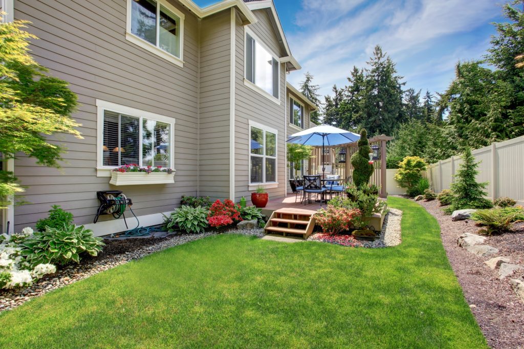 House with backyard patio and landscape design
